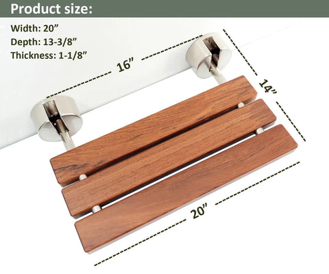 Premium Burmese Teak Folding Shower Seat Bench Wall Mounted With Brushed Finish, Solid Teak Wood With Stainless Steel Bars