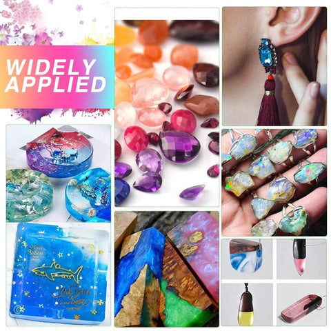 Epoxy resin pigment set, 12 colors, 10ml each, translucent; collage shows resin gems and jewelry.