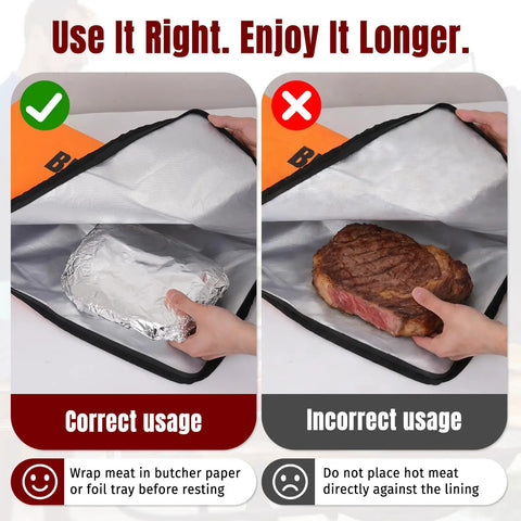 Meat Resting Blanket For BBQ 22 Inch Insulated Leakproof Bag showing correct and incorrect usage for meat storage.