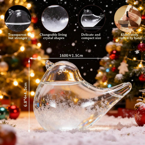 Glass Weather Forecaster Desktop Weather Station Barometer Gift For Women Girlfriend Christmas Birthday Valentine Gift in bird shape on snowy surface with Christmas tree in background.