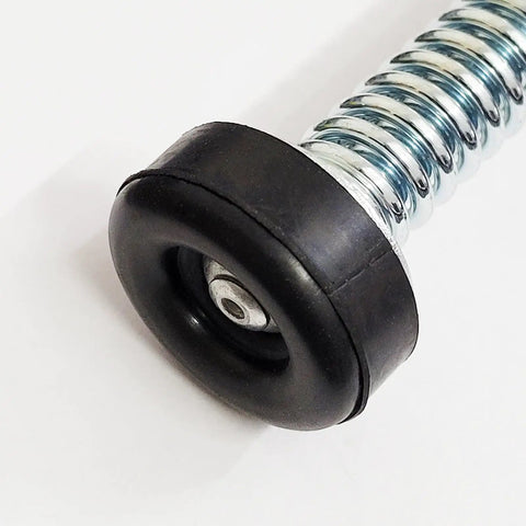Close-up of a heavy duty garage door plunger bumper with spring, part of Pair Of Heavy Duty Garage Door Plunger Bumpers With Springs Left And Right For Opener System Parts Nine Inch Steel Construction For Durable Service Cable Protection And Smooth Quiet Opening