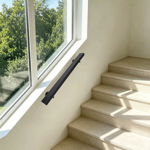 Flush Wall Mount Stair Handrail Heavy Duty Stainless Steel Safety Rail Sleek Modern Black Profile installed on stairs.