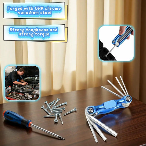 8-In-1 Folding Hex Key Set With Carabiner, CR-V Steel Metric Allen Wrenches 1.5-6mm, shown with tools and screws on table