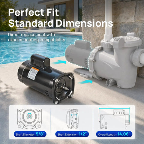 Heavy Duty 2 Hp 230V Pool Pump Motor With 56Y Frame And Square Flange, showcasing standard dimensions for easy replacement.