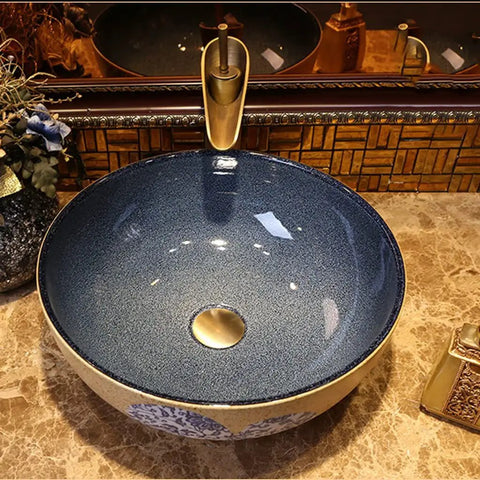 USZWBY Vessel Sinks Bathroom Vessel Sink Art Countertop Basin Utensil Round Ceramic Washbasin with Faucet Bathroom Bowl Sink on marble countertop