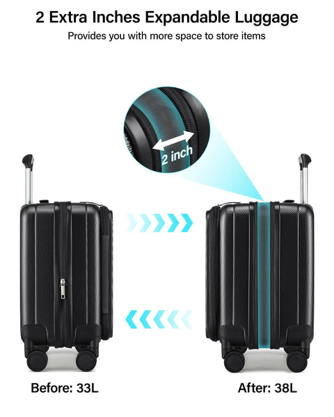 16 Inch Expandable Underseat Carry-On Luggage With Wheels showing 2-inch expansion feature in jet black