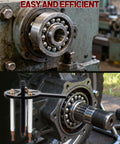 Clatoon 21-in-1 bearing puller kit installed on a wheel hub; black puller arm with copper bolts and white guide rods.