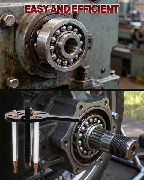 Clatoon 21-in-1 bearing puller kit installed on a wheel hub; black puller arm with copper bolts and white guide rods.