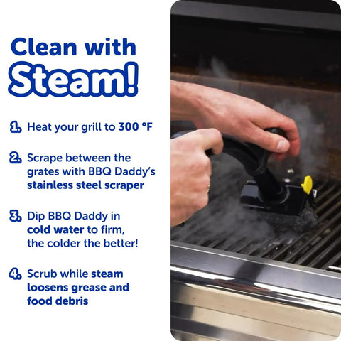 Person using Bristle Free Grill Brush With Steam Power For Outdoor Grills Steel Scraper And Scrub Pad FlexTexture Core