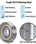 Close-up of 20-Pack 608 ZZ Sealed 8mm x 22mm x 7mm Double Iron Shield Deep Groove Steel Miniature Ball Bearing with GCr15 steel details.