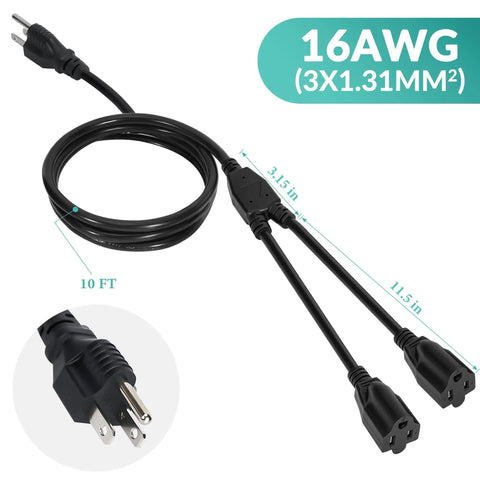 1 To 2 Power Cord Splitter Cable 10 Ft 3 Prong To 2 Prong Extension Cord Outlet Saver Y Splitter Male To Female UL Certified SJTW 16 Gauge 13A 125V Black, black 10 ft cord