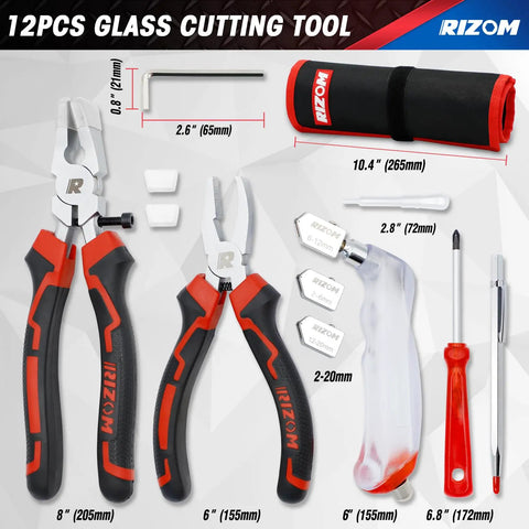 Killer Glass Cutter Set With Solid Oil Feed Tool For Smooth Line Adjusts From 2mm To 20mm featuring 8 inch and 6 inch pliers.