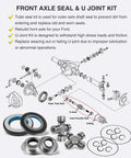 Product diagram and parts for Heavy Duty Front Axle Seal U Joint Kit With Inner Knuckle Oil Seals Outer Tube Seals And Hub O Rings For 2005 Through 2019 Ford Super Duty F250 F350 F450 F550 Dana 60