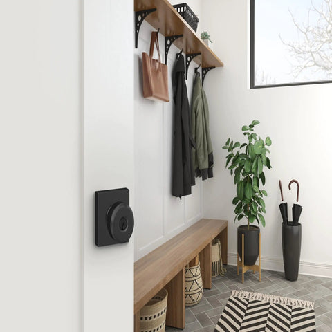 Bowery Door Knob With Collins Trim Slick Matte Black Finish Keyed Entry Lock With 2 Keys Includes Self Aligning Screws for Quick Install