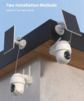 Two solar panels with 4MP Solar Wireless Security Camera System Kit With 4 Cameras, 360 Degree Pan Tilt on a rooftop corner