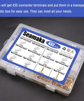Automotive Electrical Wire Connector Kit 432 Pcs 2.8mm Assortment in clear box with labeled compartments