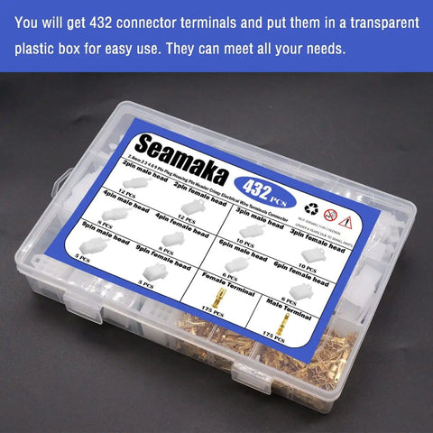 Automotive Electrical Wire Connector Kit 432 Pcs 2.8mm Assortment in clear box with labeled compartments
