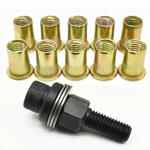 Check Out This Heavy Duty Head Rivet Nut Tool Kit With 100 Presses For M3 M4 M5 M6 M8 Fasteners, Perfect For DIY Pros And Metal Pipe Fixin Up Jobs That Need Solid Steel Grip Power Anywhere You Go. M3-M8 zinc-plated steel rivet nuts with black threaded mandrel