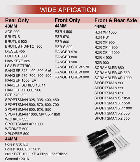 Wheel bearing greaser kit; two black units for 40mm rear and 44mm front with metal rods.