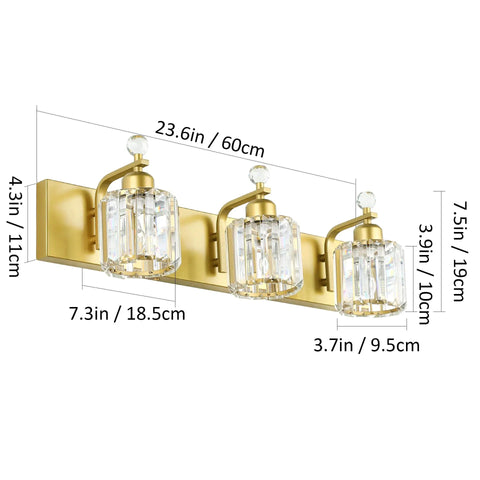 Gold Crystal Vanity Light for Bathroom, Modern 3 Light Vanity Fixture, Dimmable E26 Socket, 23.6 Inch Long Bath Bar