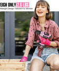 Woman using Pink 20V Cordless Drill Kit With 236 Piece Home Tool Set And Pink Carry Bag For Women Handy DIY Electric Screwdriver.