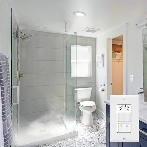 Modern bathroom with Dual Tech Humidity Sensor Switch With PIR Motion For Hands-Free Bathroom Ventilation And Light Control, Auto Fan