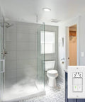 Bathroom with shower and Dual Tech Humidity Sensor Switch For Bathroom Fan And Light With PIR Motion And Humidity Detection, Hands Free No Fuss Auto Control In Wall Adjustable Timing, Neutral Wire Required, UL Listed, White inset.
