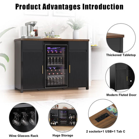 Big Home Bar Cabinet With Built In Fridge Space Fits Most Mini Fridges Modern Fluted Buffet Sideboard Table With Features Overview