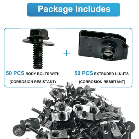 Must Have 100 Pc M6 1.0 Body Bolts And U Nuts Kit For Most Cars Rust Resistant Steel Black Universal Fastening Hardware