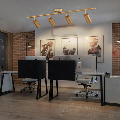 4 Light Gold Finish Flush Mount Ceiling Fixture With Rotating Heads, modern lighting in office setting over desks and computers