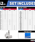 32 Piece Allen Hex Bit Socket Set With SAE And Metric Bits, diagram showing sizes, drives, case, and product image.