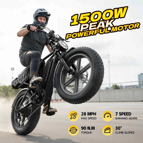 City Cruise Fat Tire Electric Bike With Badass 48V 15Ah Removable Battery And Killer 750W Boost Motor Rolled, performing a wheelie.