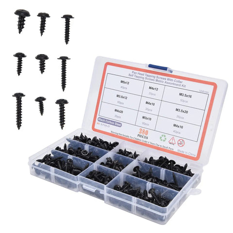 380 Pieces Self Tapping Screws Kit Black Carbon Steel Round Head Self Drilling Screws With Washers in storage box