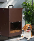 Real Deal Automatic Gravity Dog Feeder With Smooth Rolling Wheels For Large Breed Puppers, Self Refilling Bulk Kibble Dispenser in brown with kibble visible.