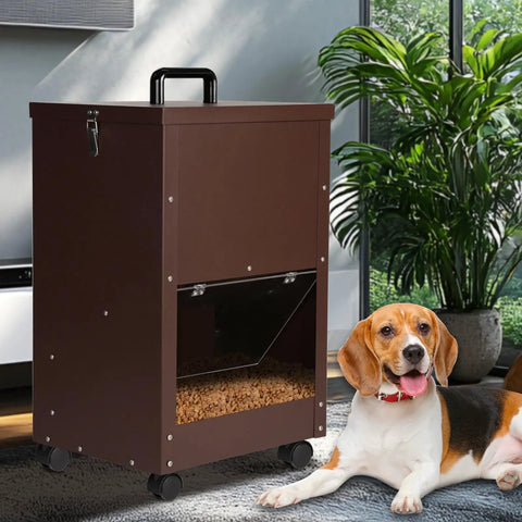 Real Deal Automatic Gravity Dog Feeder With Smooth Rolling Wheels For Large Breed Puppers, Self Refilling Bulk Kibble Dispenser in brown with kibble visible.
