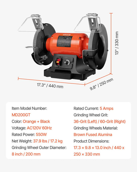 High Octane 8 Inch Variable Speed Bench Grinder Delivering 550 Watt Power And 2000 To 3450 Rpm Range With 36 And 60 Grit Wheels.