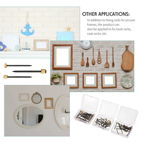 75 Piece Picture Hanging Nails Set In Three Sizes Small Medium Large With Brass Head And Black Steel Finish for versatile decor use