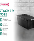 Heavy Duty Workhorse Plastic Storage Totes 50 Gallon Bulk Nine Pack Featuring Secure Snap Latching Lids Stackable Bin Set shown with durable design.