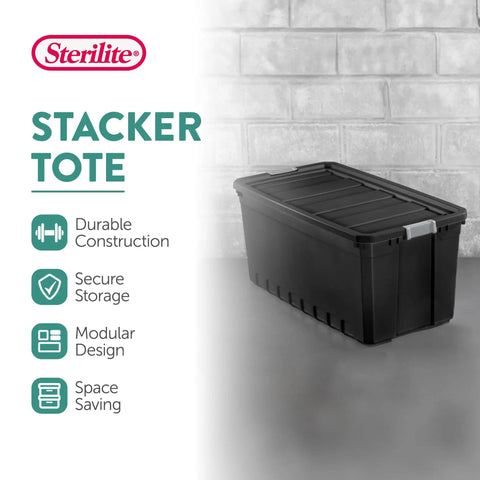 Heavy Duty Workhorse Plastic Storage Totes 50 Gallon Bulk Nine Pack Featuring Secure Snap Latching Lids Stackable Bin Set shown with durable design.