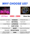 Comparison of LED Neon vs Glass Neon signs for parties. LED features a 'Let's Party' sign, made with safe silicone and longer lifespan.