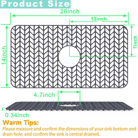 Dimensions of Silicone Sink Mat 26x14 With Center Drain, Go-To Heat Resistant Kitchen Sink Protector displayed with measurements