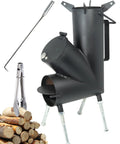 Portable Wood Burning Rocket Stove For Camping And Outdoors With Fire Poker Ideal For Survival Gear Backyard Cooking Camp Grilling And Outdoor Events Any Weather, showing stove with fire poker, tongs, and wood logs.