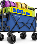Blue Foldable Push And Pull Beach Wagon With Dual Handles And All Terrain Wheels 500 lb Capacity loaded with bags