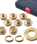 Damn Solid Brass Router Bushing Guide Set With Eight Precision Template Guides Lock Nuts and Compact Case displayed with various brass bushing sizes.