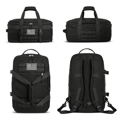 3 In 1 Carry On Duffle Bag With Shoe Compartment And Wet Pocket, Airline Approved 22x14x9, black, multiple views, tactical design