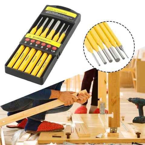 Six Piece Heavy Duty Steel Drive Punch Kit For Woodworkers And Mechanics Featuring Flat Chisel And Center Tips To Nail Drill Points On Metal Projects With Rust Proof Coating And Pro Tough Durability. 6-piece yellow steel punch set, 1.5-8mm, in case