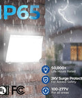 Switchable 60W 100W And 120W LED Wall Pack With Dusk To Dawn Sensor on rainy building exterior, IP65 rating