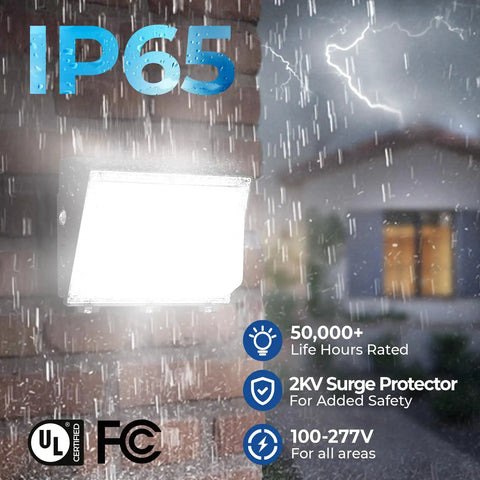Switchable 60W 100W And 120W LED Wall Pack With Dusk To Dawn Sensor on rainy building exterior, IP65 rating