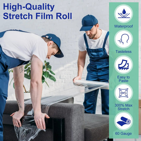 Two workers wrapping a sofa with Heavy Duty Stretch Film Roll 15 Inch Wide 196.8 Feet Long 60 Gauge Plastic Wrap For Pallet Wrapping