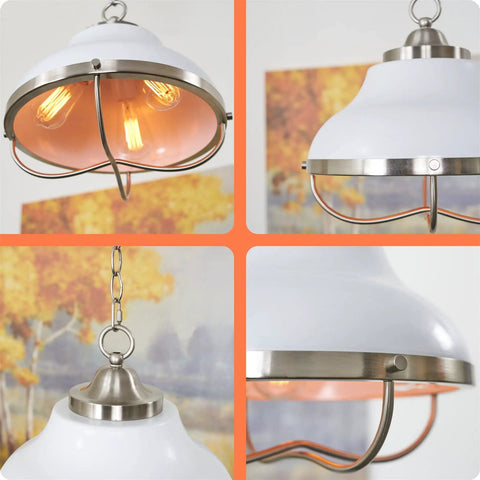 Ezra 14 Inch 3 Light Modern Pendant Light with white metal shade and brushed nickel finish, close-up views.